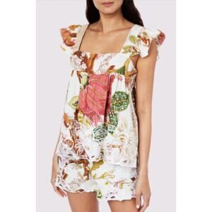 Juliet Dunn | Baby Doll Top Floral Print Embroidered | Sz S (Sz 1)